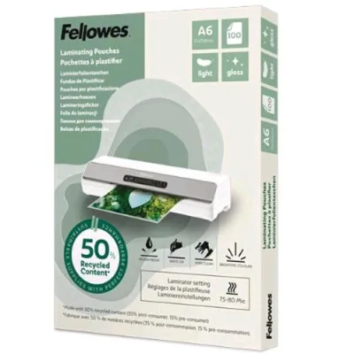 Fellowes Pouche da 80 Micron A6 Riciclate 50% Finitura Lucida Trasparente Conf 100 Pz.