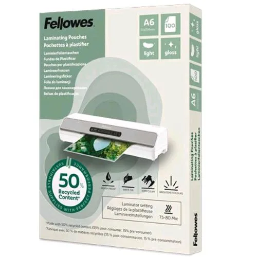 Fellowes Pouche da 80 Micron A6 Riciclate 50% Finitura Lucida Trasparente Conf 100 Pz.