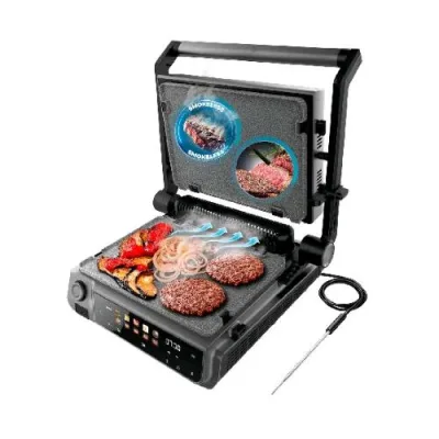 Cecotec Rock'n Grill Griglia Elettrica 2000W Tecnologia Smokeless Piastre Estribili Rivestimento in Rockstone con Sonda della Temperatura Nero