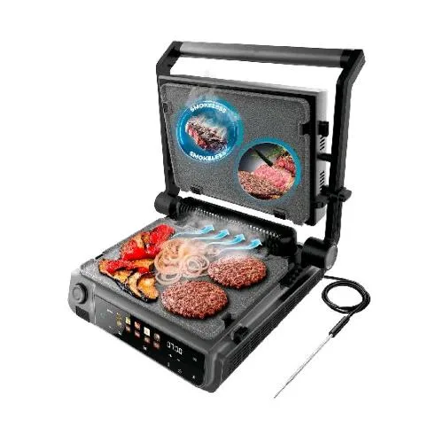 Cecotec Rock'n Grill Griglia Elettrica 2000W Tecnologia Smokeless Piastre Estribili Rivestimento in Rockstone con Sonda della Temperatura Nero