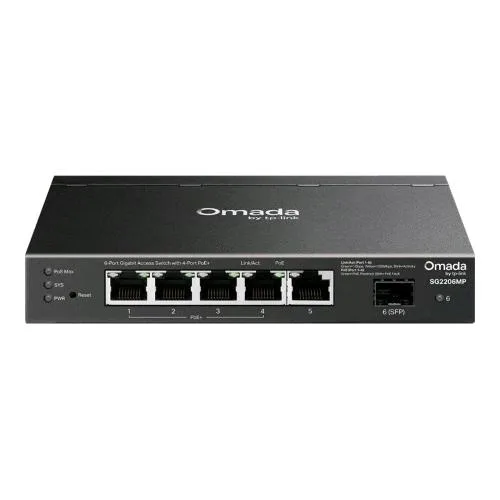Tp-Link Omada SG2206MP V1 Switch Festito 5 Porte - 5 x 10/100/1000 (di Cui 4 POE+) POE+ (63 W) + 1 x Gigabit SFP Desktop