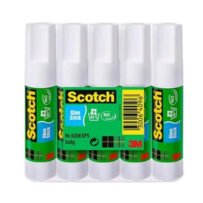 3M Scotch Colla Stick Permanente Senza Solventi 8g Confezione da 5 Pezzi Colore Bianco