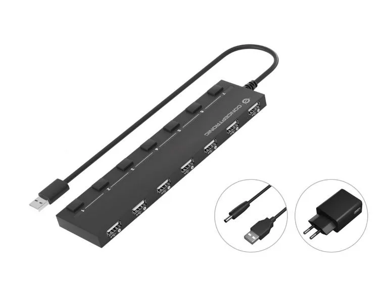 Conceptronic HUBBIES08BP Hub di Interfaccia USB 2.0 con 7 Porte USB 2.0 con Alimentatore di Rete Black