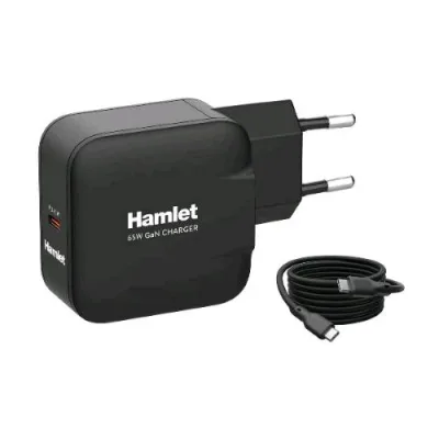 Hamlet Caricabatterie da Rete Gan USB-C PD 65 W + Cavo USB-C Maschio/Maschio 2 m Nero