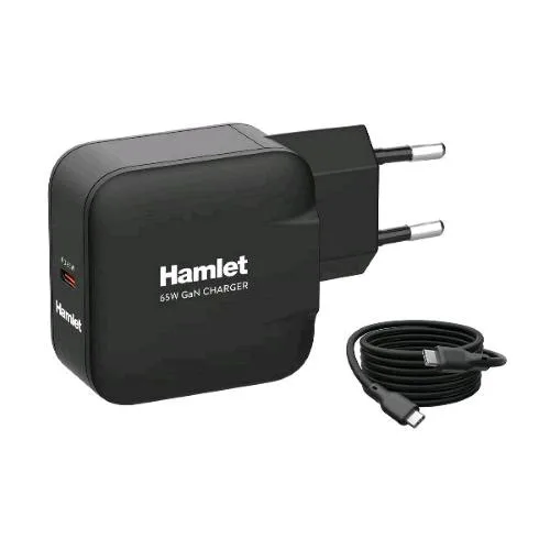 Hamlet Caricabatterie da Rete Gan USB-C PD 65 W + Cavo USB-C Maschio/Maschio 2 m Nero