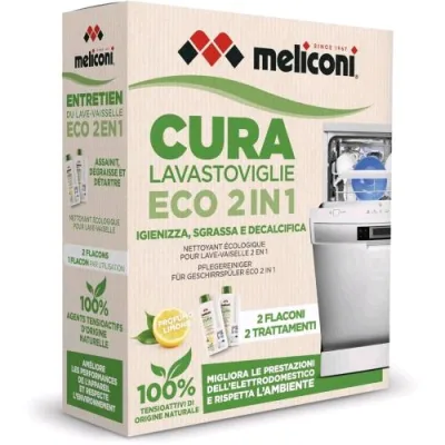 Meliconi Cura Lavastoviglie Liquido Eco 2 in 1 Igienizzante e Anticalcare Lavastoviglie Formula Naturale Prolunga la Vita Dell' Elettrodomestico Conf 2 Flaconi per Due Trattamenti Completi