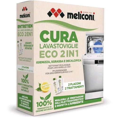 Meliconi Cura Lavastoviglie Liquido Eco 2 in 1 Igienizzante e Anticalcare Lavastoviglie Formula Naturale Prolunga la Vita Dell' Elettrodomestico Conf 2 Flaconi per Due Trattamenti Completi