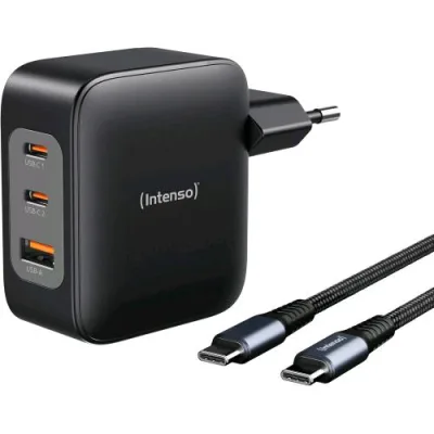 Intenso Power Adapter Caricabatterie da Rete Gan 100W 1 x USB-A 2 x USB-C + Cavo USB-C Intrecciato Nero