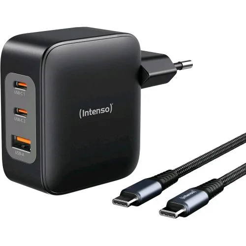 Intenso Power Adapter Caricabatterie da Rete Gan 100W 1 x USB-A 2 x USB-C + Cavo USB-C Intrecciato Nero