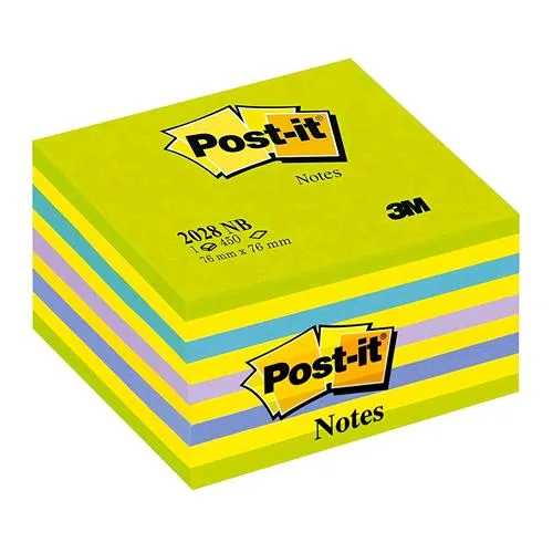 3M Cubo Post-It Neon 2028-NB 450 Fogli Post-It 76MMX76MM Colori Assortiti