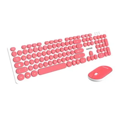 Pantone PT-MK004S Kit Tastiera Full Size Wireless + Mouse 2 Tasti Dongle USB per Connessione Bianco Rosa